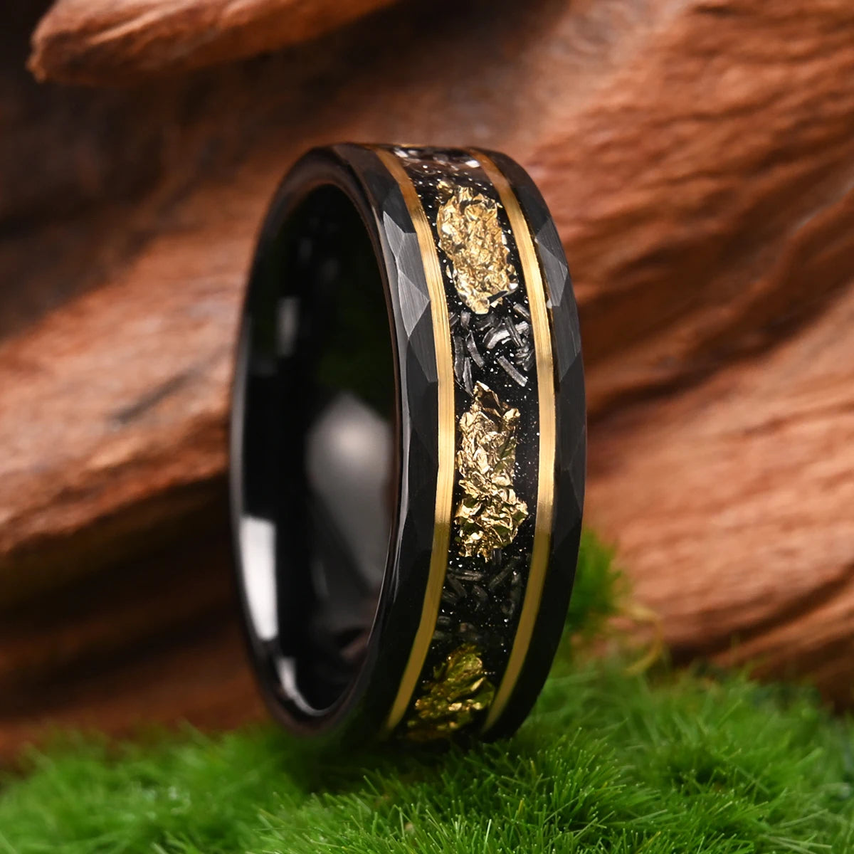 Classic Tungsten Carbide 8mm Ring Black with Golden Foil Wedding Engagement Ring for Men - Frimunt Clothing Co.
