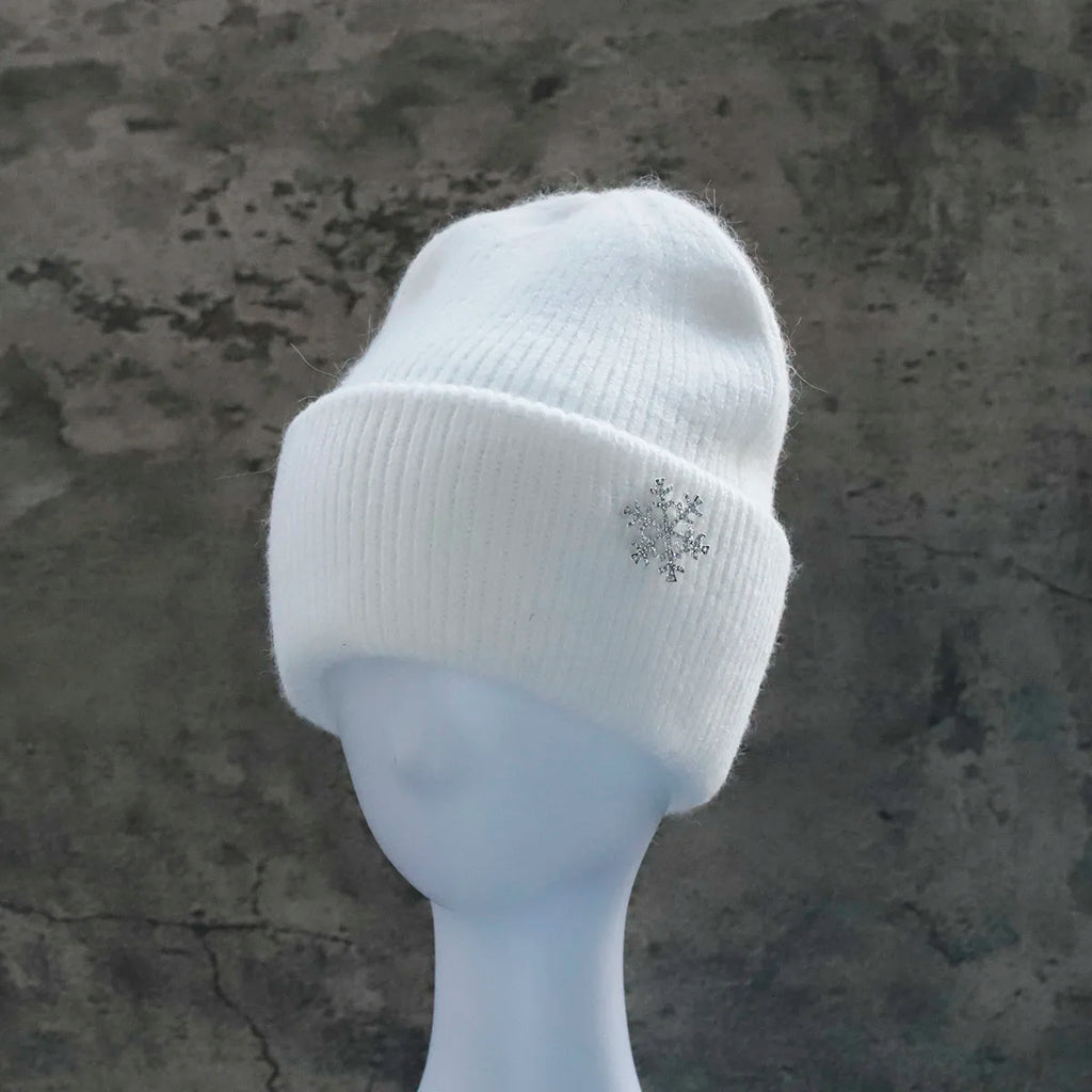 Women's Winter Knit Cuff Hat Real Warm Rabbit Hair Snowflake Pin Solid Colors - Frimunt Clothing Co.