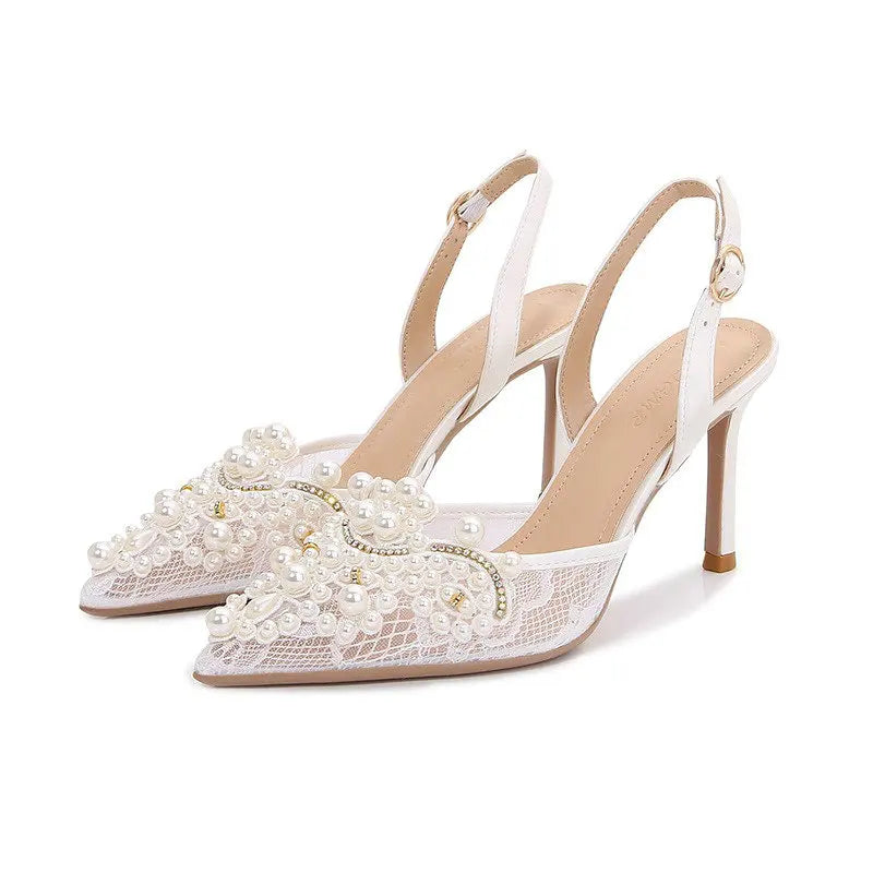 French Lace Wedding High Heels Pearls Bride Shoes - Frimunt Clothing Co.