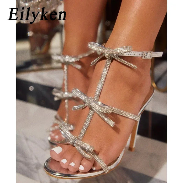 Crystal Bowknot Narrow Band Women's High Heel Sandals