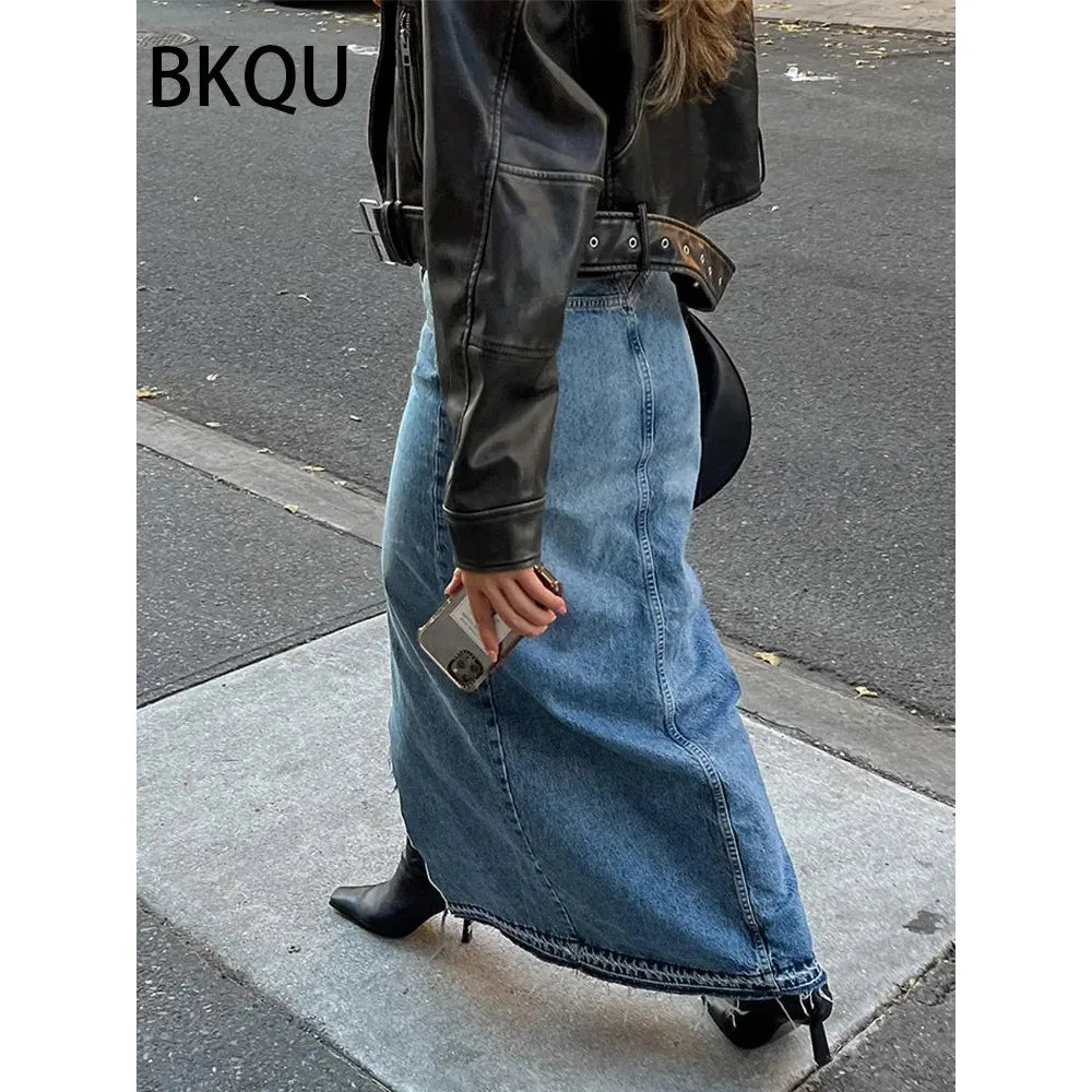 Women's High Waist Front Slit Long Denim Skirts Frayed Raw Hem - Frimunt Clothing Co.