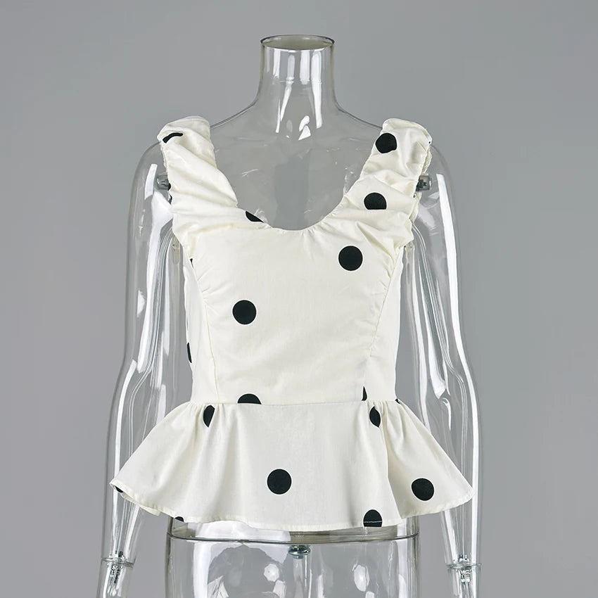 Vintage Polka Dot Backless Tank Tops Summer Street Chic Deep V Neck