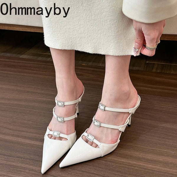 Summer Pointed Toe Women Mules Elegant Crystal Buckles Slide High Heel Shoes - Frimunt Clothing Co.