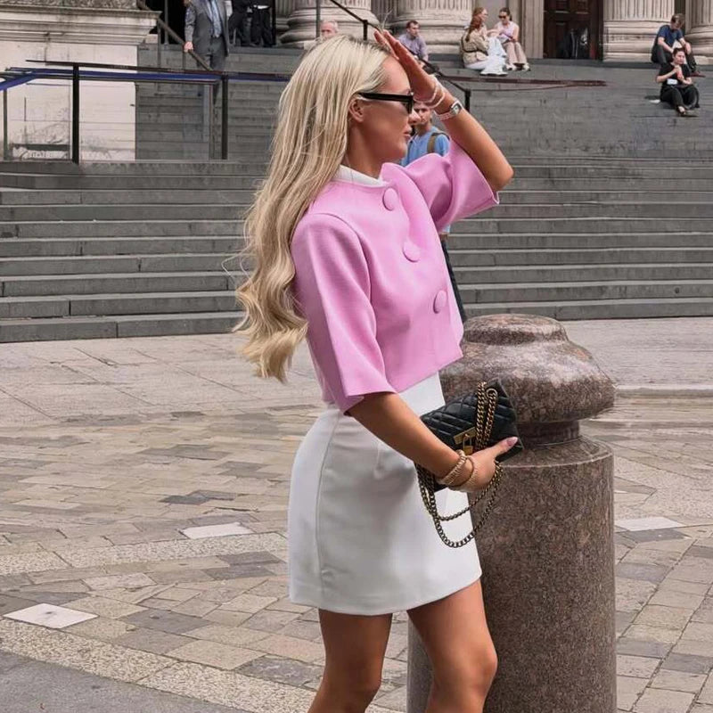 Button Knit Crop Top Summer French Sleeve Cardigan