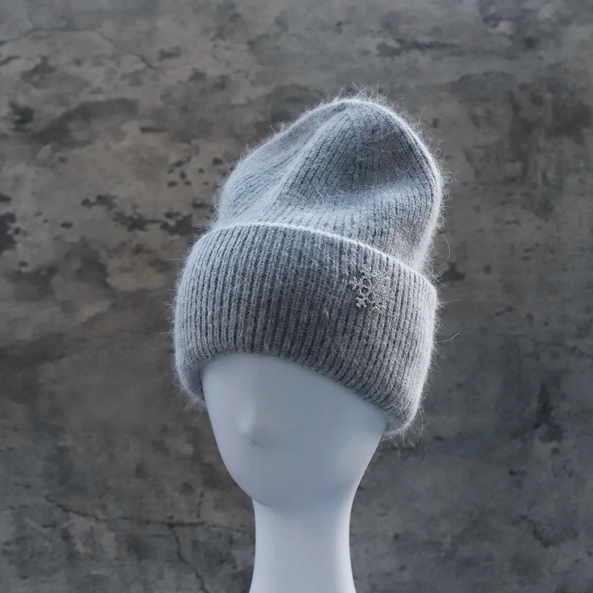 Women's Winter Knit Cuff Hat Real Warm Rabbit Hair Snowflake Pin Solid Colors - Frimunt Clothing Co.