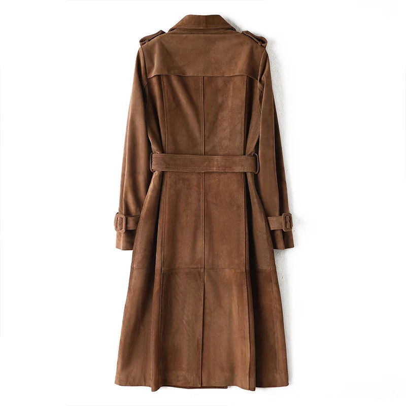 Women's Genuine Leather Suede Long Classic Trench Coat Double Breasted With Belt