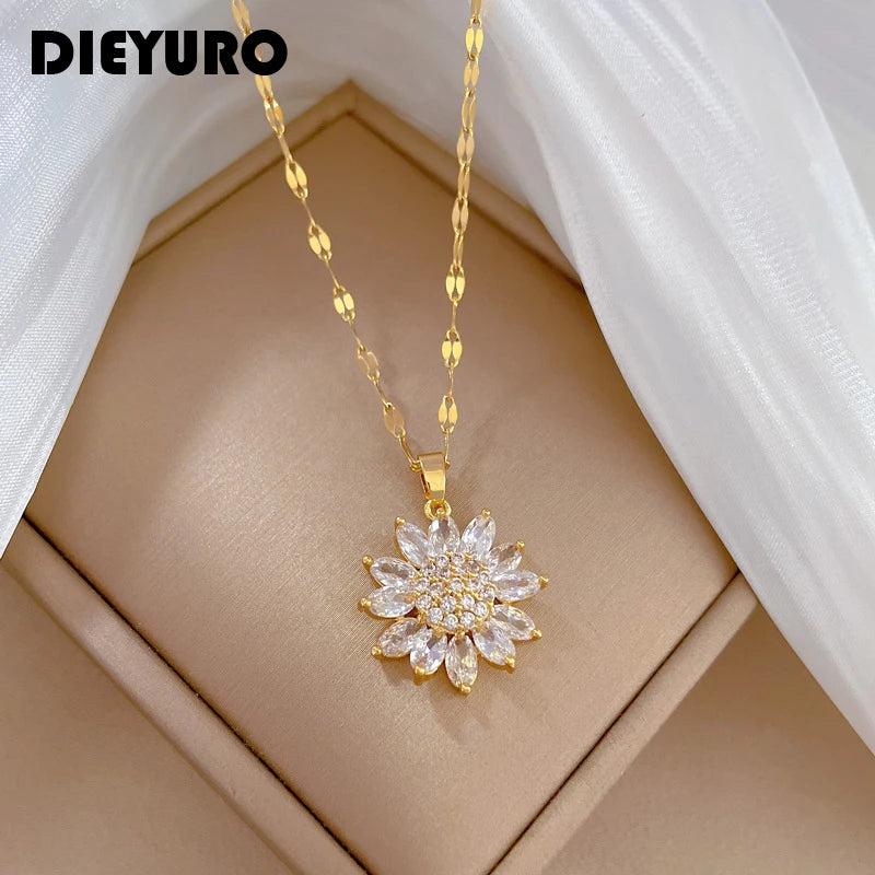 Luxury Zircon Sunflower Pendant Necklace For Women 316L Stainless Steel - Frimunt Clothing Co.
