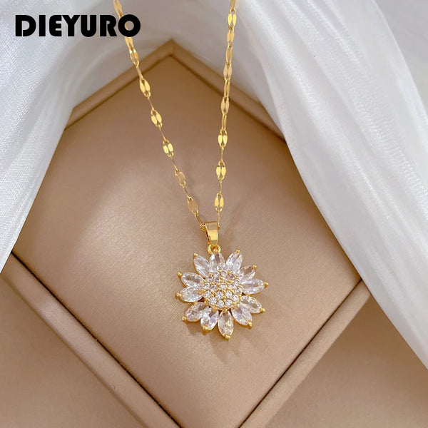 Luxury Zircon Sunflower Pendant Necklace For Women 316L Stainless Steel