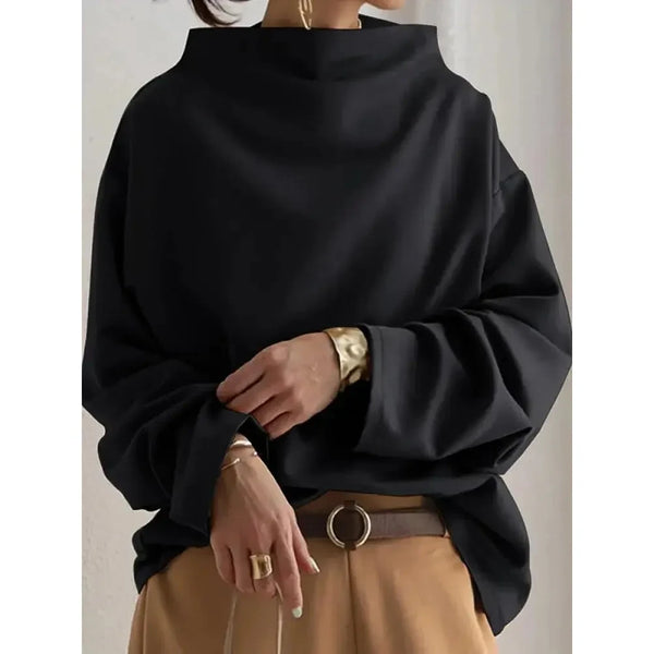 Women's Solid Black Sweatshirt High Neck Long Sleeves Loose Fit