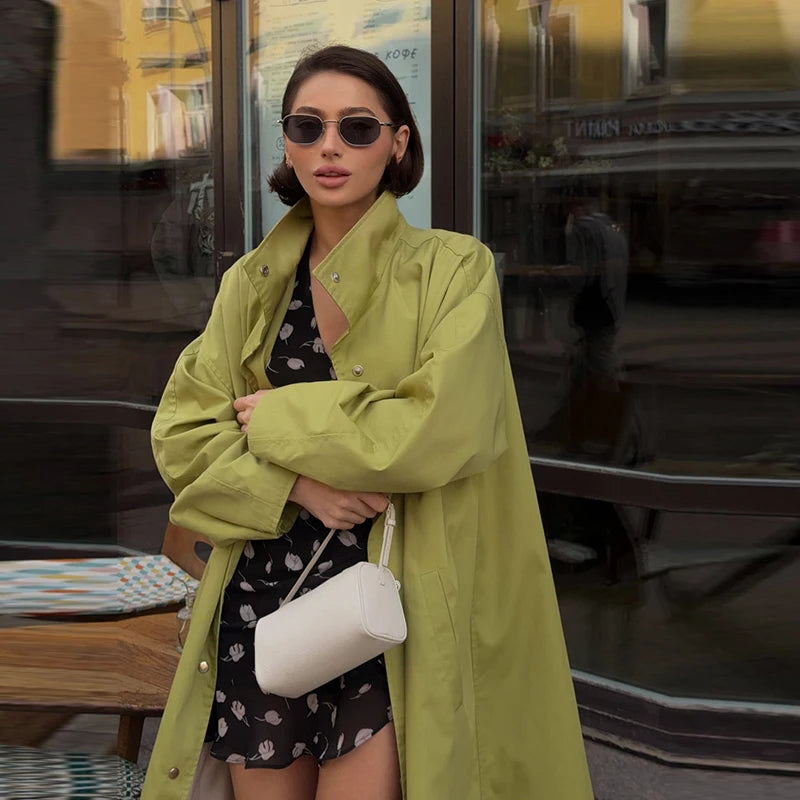 Button Front Women's Stand Collar Long Solid Color Trench Coat
