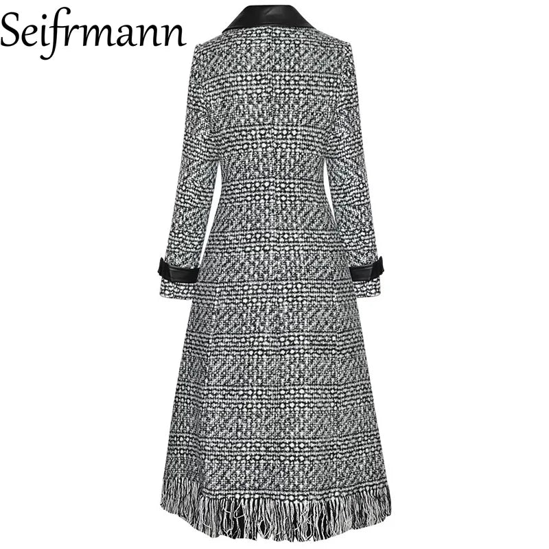 Women's Woolen Plaid Double Breasted With Leather Collar Long Coat