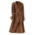 Women's Genuine Leather Suede Long Classic Trench Coat Double Breasted With Belt
