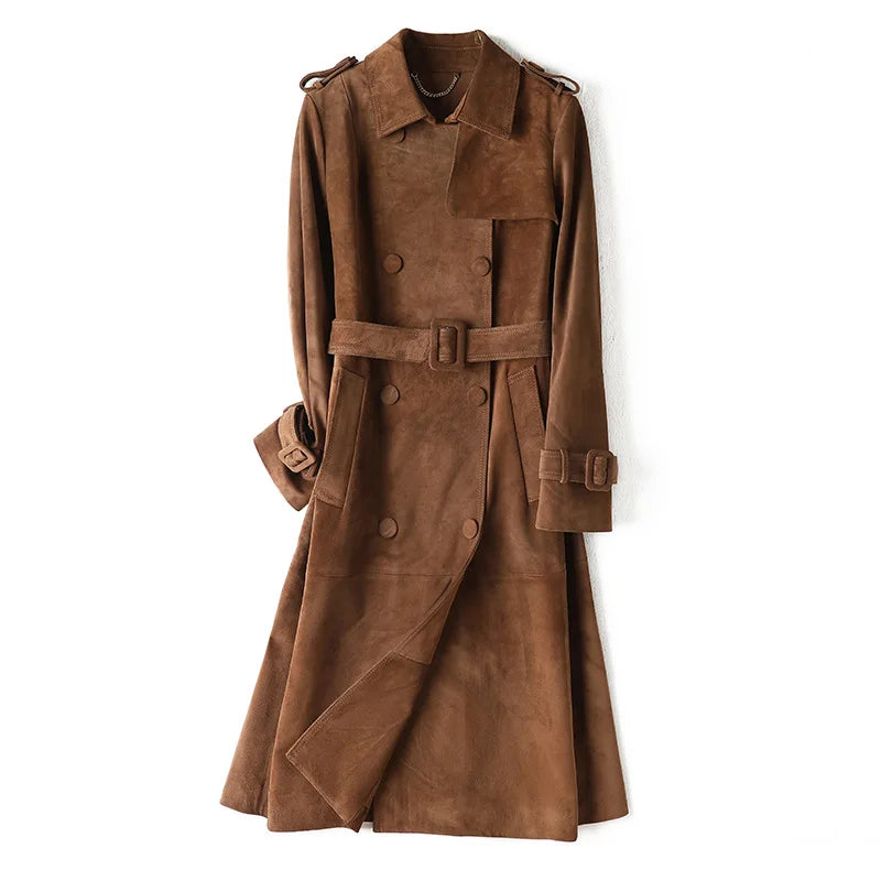 Women's Genuine Leather Suede Long Classic Trench Coat Double Breasted With Belt