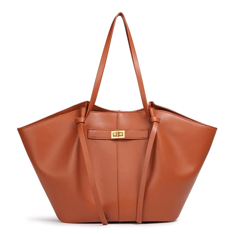 Women's Large Capacity Trapeze Shoulder Tote Bags Designer Metal Lock High-Quality Eco Leather