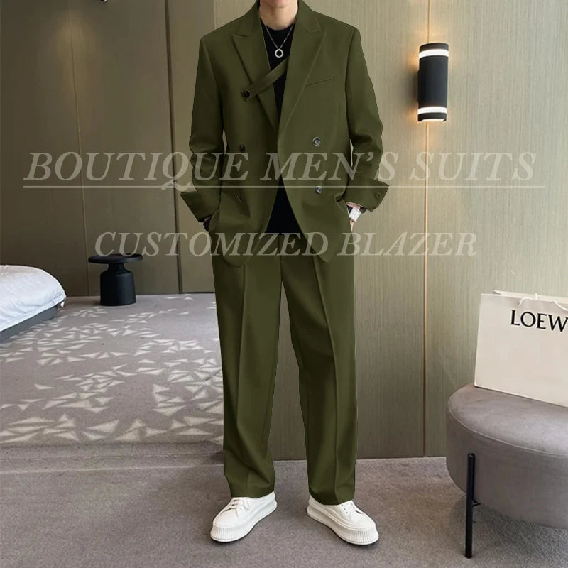 Men Fashion Double Breasted Loose Casual Suits Blazer Wide Leg Pants - Frimunt Clothing Co.