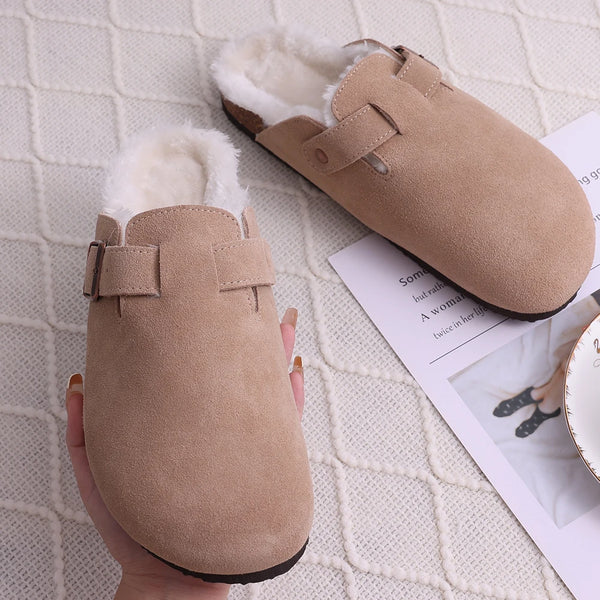 Women's Winter Fur Cork Clogs Short Plush Slippers