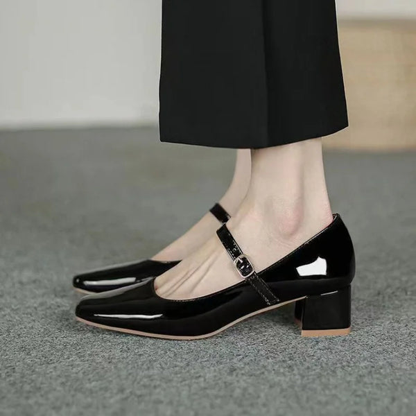 New Square Toe Solid Color Buckle Strap Patent Leather Shoes