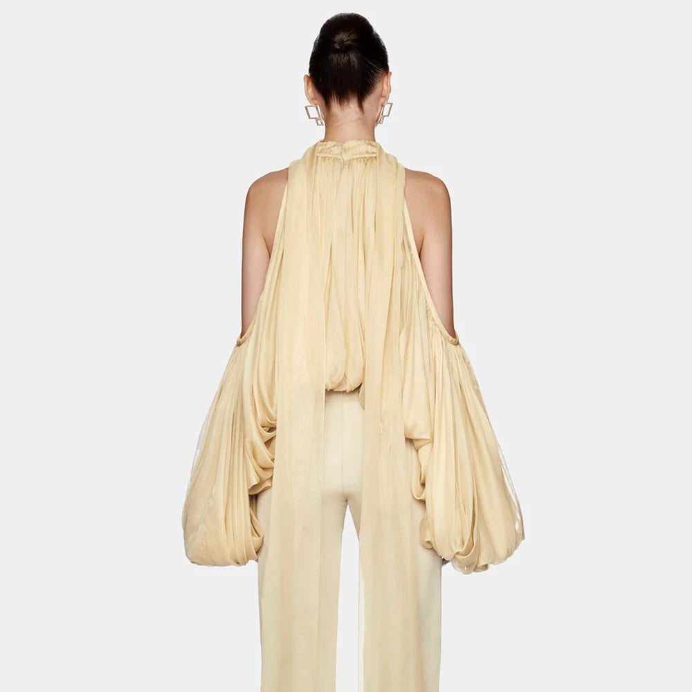 Draped Lantern Sleeve Halter Top – Silk Blend Statement Blouse - Frimunt Clothing Co.