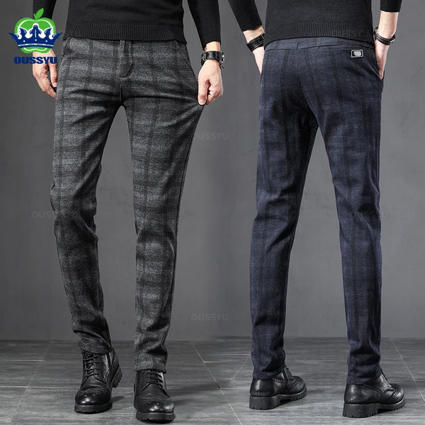 Men's Winter English Plaid Thick Stretch Business Trousers Slim Fit - Frimunt Clothing Co.