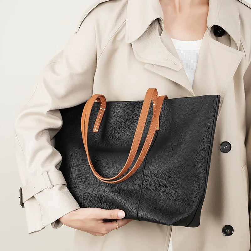 Women's Tote Bag Cow Leather Zipper Soft Shoulder Shopper Bag - Frimunt Clothing Co.