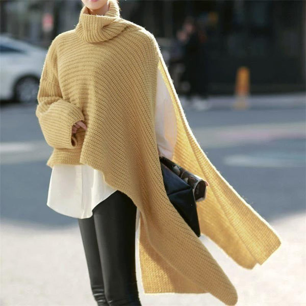 Women's Asymmetric Sweater For Women Turtleneck Long Sleeve Side Split Knitwear