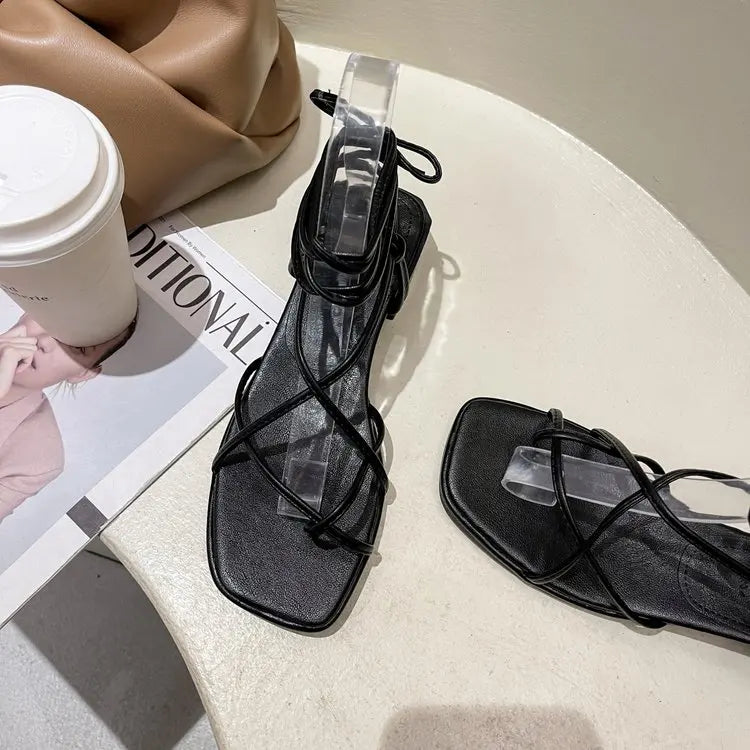 Women's Strappy Leather Low Heel Lace Up Summer Gladiator Sandals - Frimunt Clothing Co.