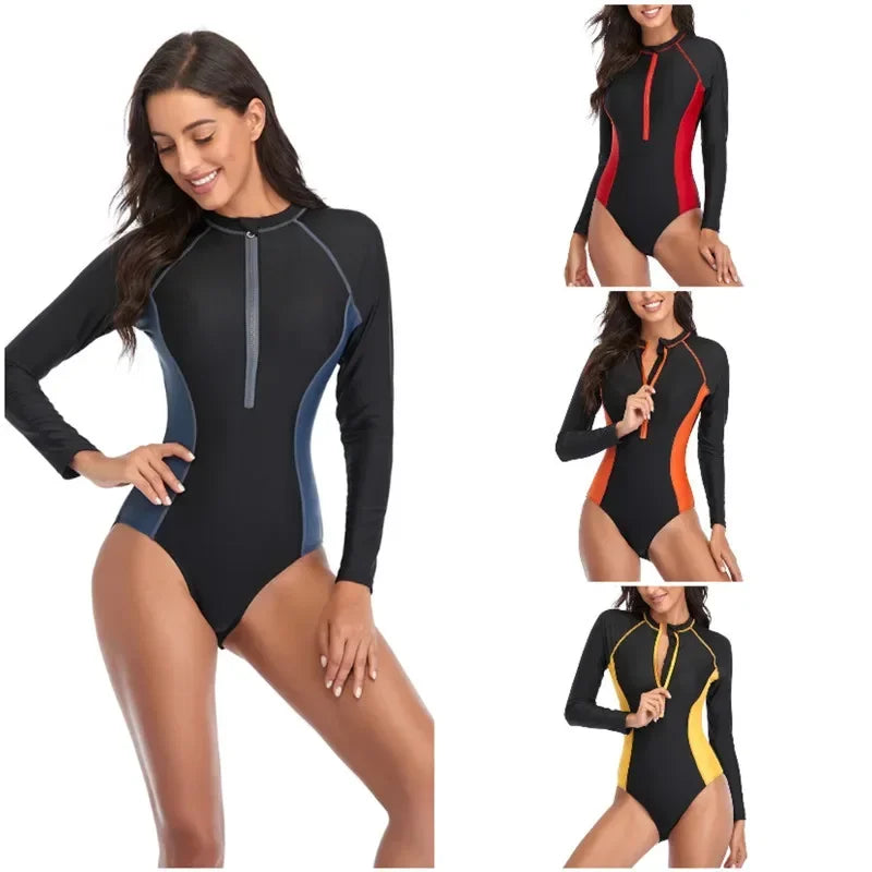 One-Piece Bi-Color Long Sleeve Front Zipper Surfing Swimsuit - Frimunt Clothing Co.