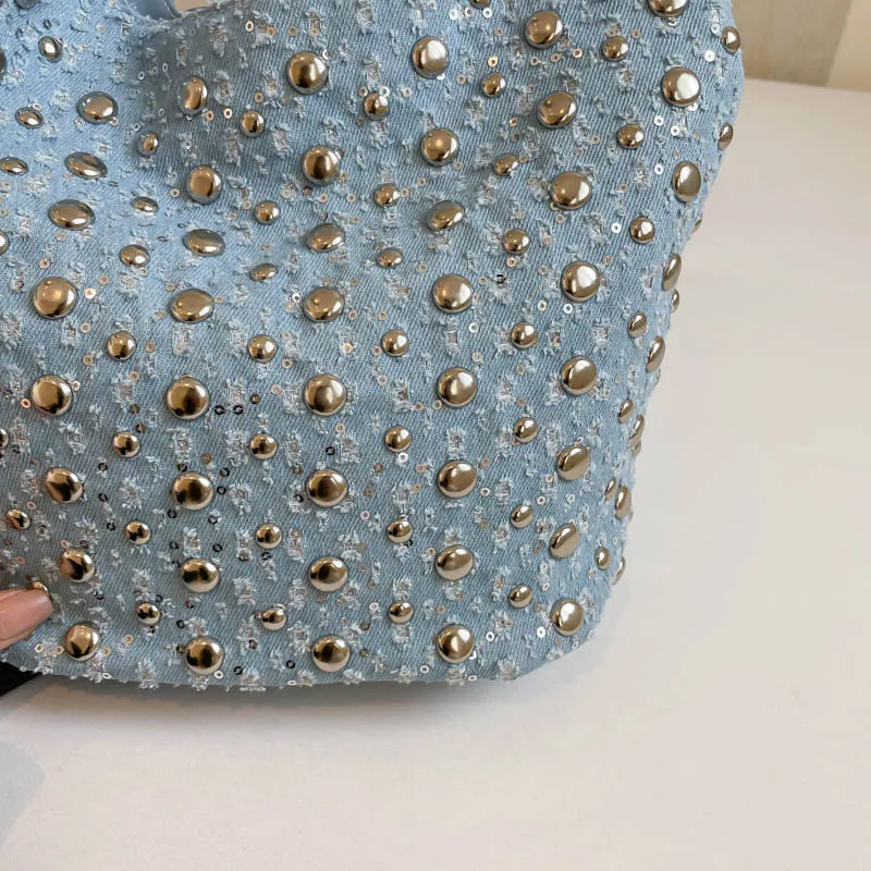 Women's Denim Rivet Bucket Shoulder Bag - Frimunt Clothing Co.