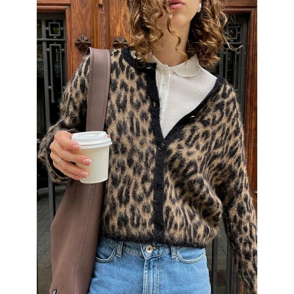 Women's Knit Leopard Print  Mohair Chic O-Neck  Sweater Cardigan