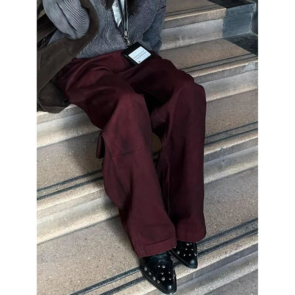 Women's Fall Fashion Burgundy Jeans High Waist Retro American Style Denim Pants - Frimunt Clothing Co.