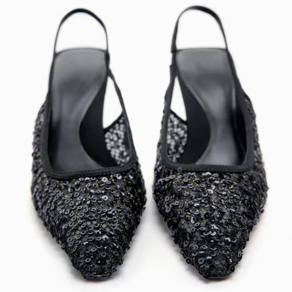 Women Black Mesh Sequins Pointed Toe High Heels Slingback Shoes - Frimunt Clothing Co.