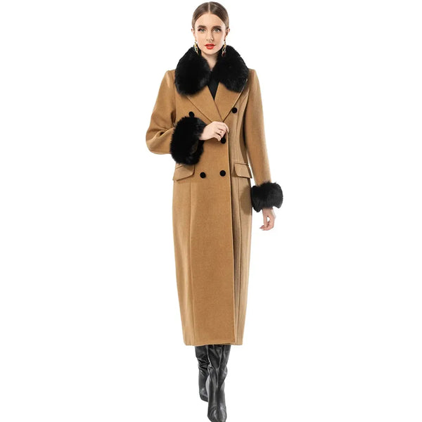 Women's Fur Turn-Down Collar Fur Trimmed Sleeves Double Tweed Winter Outerwear