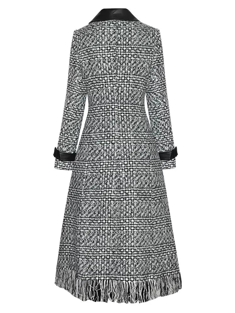 Women's Woolen Plaid Double Breasted With Leather Collar Long Coat