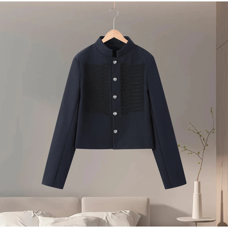 Chic Golden Toggle Button Cropped Jacket Padded Shoulder