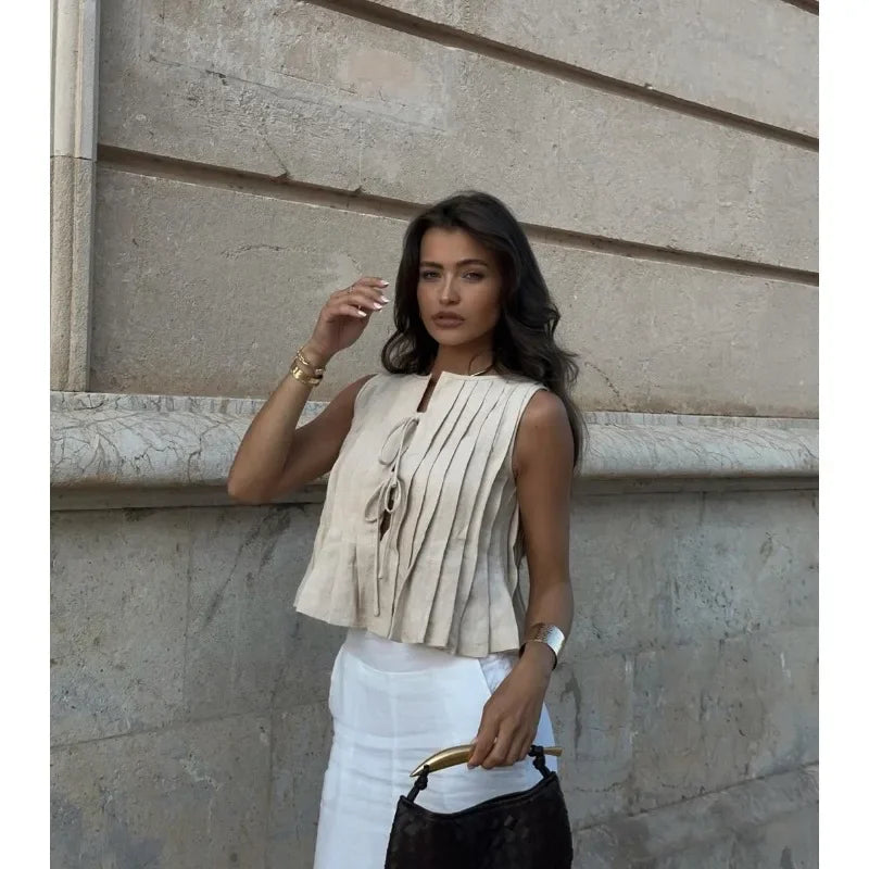 Solid Rib Women Tank Tops Summer  Lace Up Sleeveless Tops