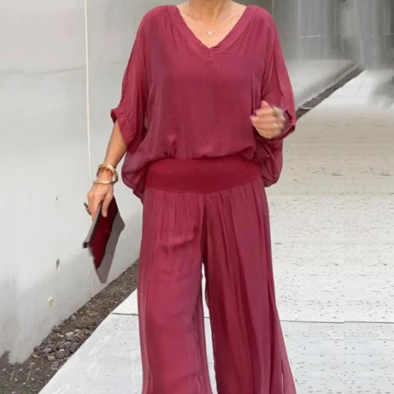 Women's Elegant Spring Chiffon Wide-leg Pants Two-piece Set V Neck - Frimunt Clothing Co.