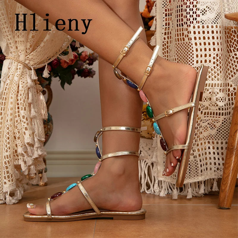 Ethnic String-beaded Women's Flat Sandals Summer Beach Fashion Buckle Strap Golden - Frimunt Clothing Co.