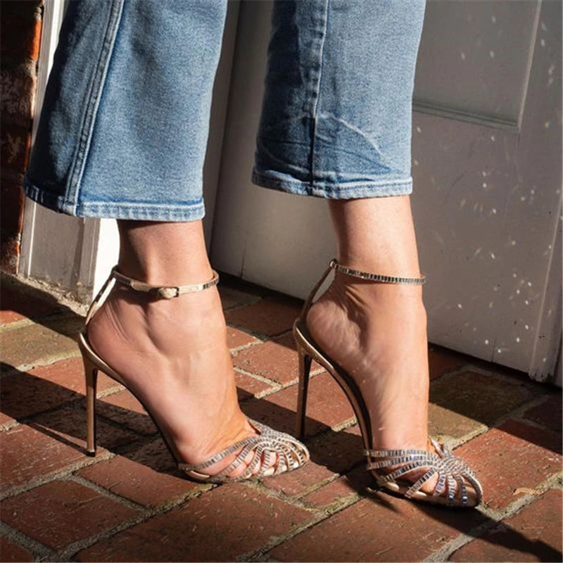 Sexy Crystal Ankle Strap High Heels Women Caged Sandals - Frimunt Clothing Co.