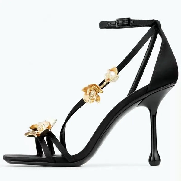 Sculptural Flower High Heel Sandals – Black Strappy Evening Shoes - Frimunt Clothing Co.