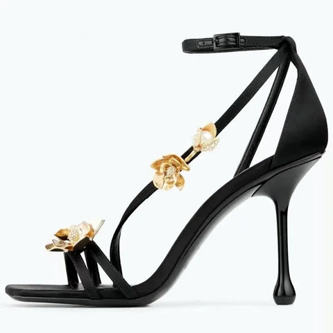Sculptural Flower High Heel Sandals – Black Strappy Evening Shoes - Frimunt Clothing Co.