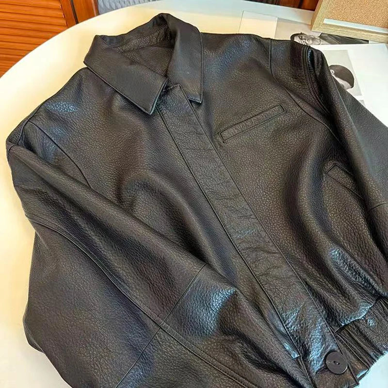Retro Genuine Leather Short Bomber Jackets for Women Bubble Texture