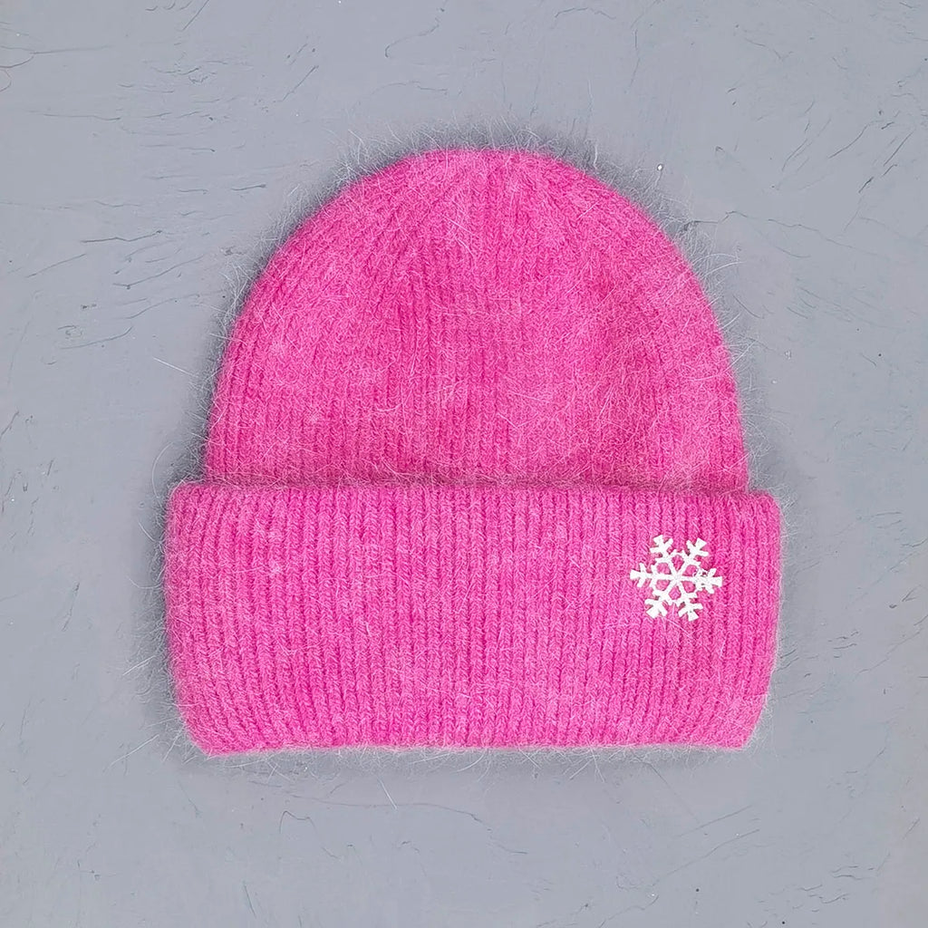 Women's Winter Knit Cuff Hat Real Warm Rabbit Hair Snowflake Pin Solid Colors - Frimunt Clothing Co.