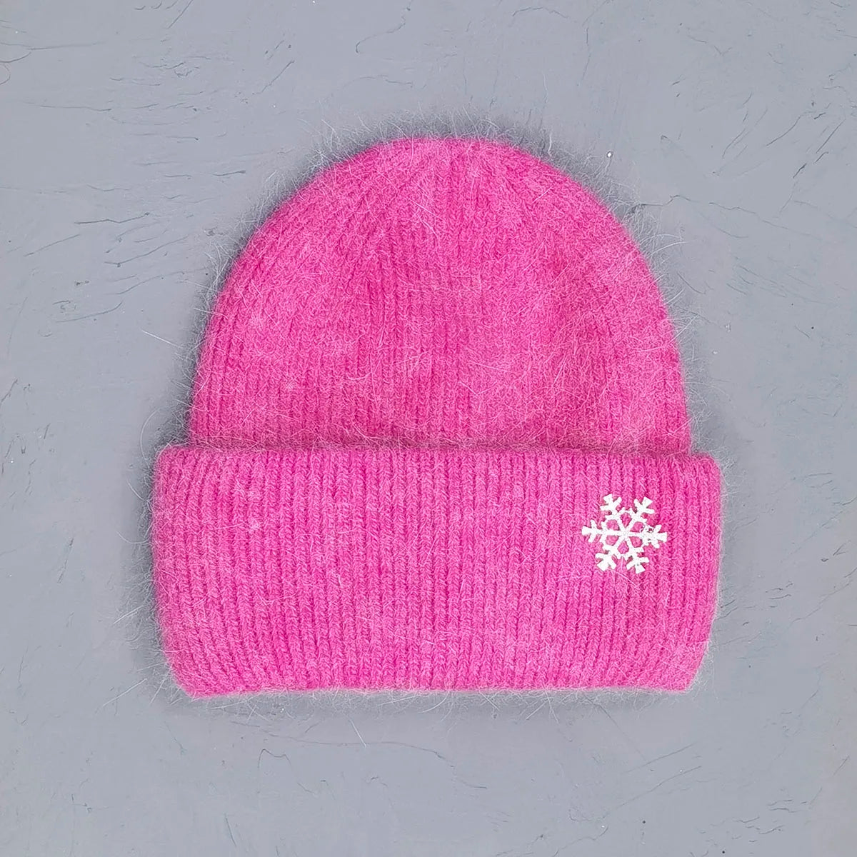 Women's Winter Knit Cuff Hat Real Warm Rabbit Hair Snowflake Pin Solid Colors - Frimunt Clothing Co.