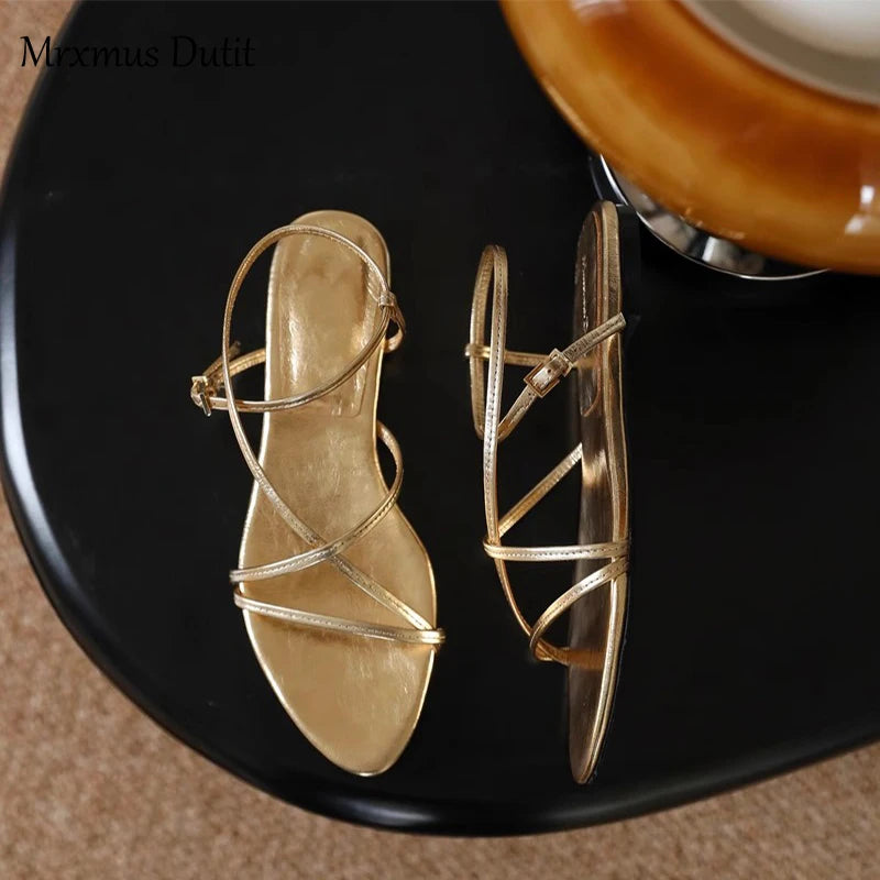 Women's Summer New Metallic Genuine Leather Multi-Strap Design Flat Sandals - Frimunt Clothing Co.