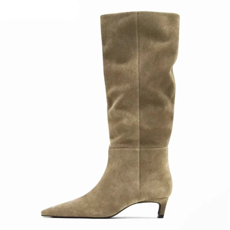 Women's Cow Suede Leather Knee High Boots Pointed Toe Pull On Mid Heels - Frimunt Clothing Co.