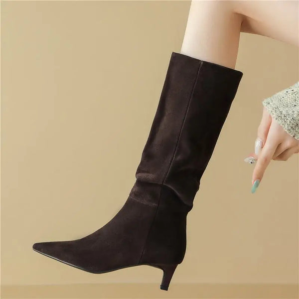 Women's Cow Suede Leather Knee High Boots Pointed Toe Pull On Mid Heels - Frimunt Clothing Co.