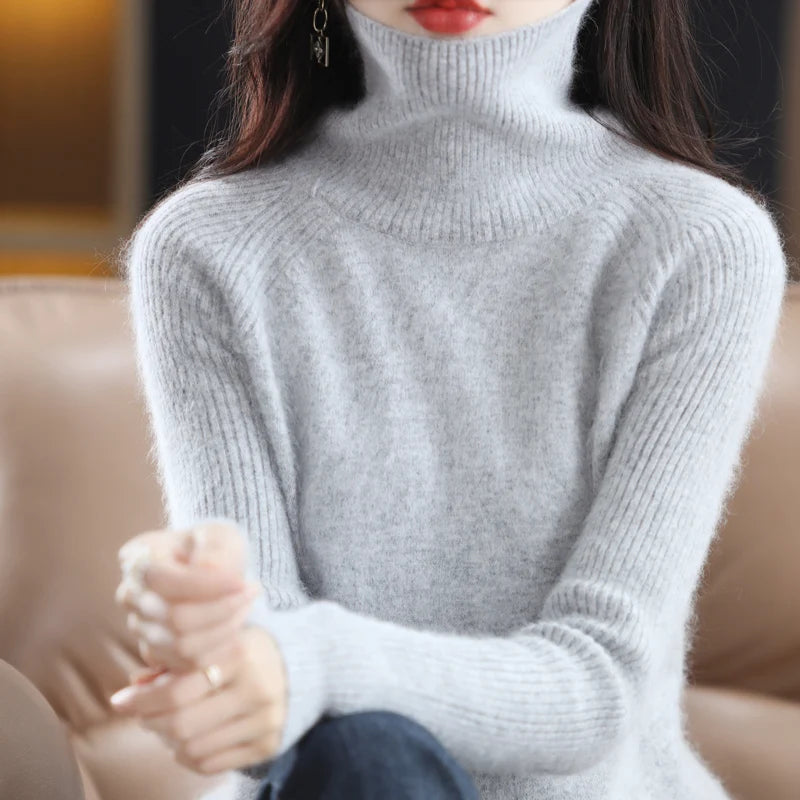 Women's Sweater 100% Mink Cashmere High Neck Knitted Soft Warm