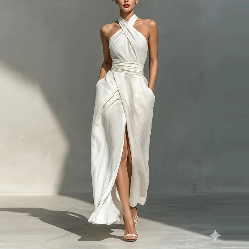 White Criss Cross Halter Elegant Party Dress Ruched Waist Summer Long Dress