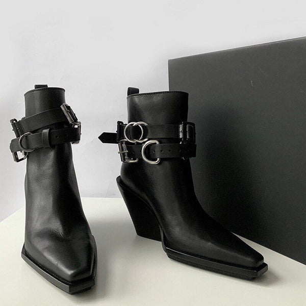 Black Pointed Toe Wedge Heel Ankle Boots Eco Leather Metal Buckle Belt - Frimunt Clothing Co.