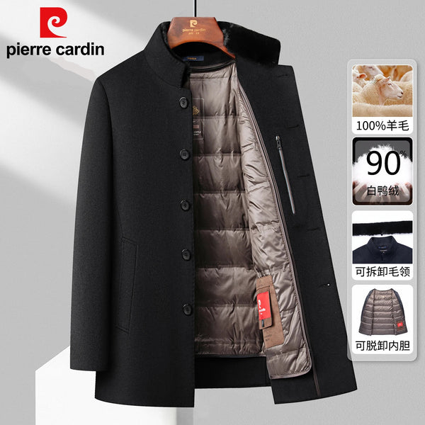 Black coat with brown lining and visible brand 'Pierre Cardin' on a gray background